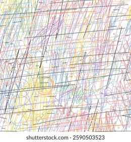 Colorful Vector Pattern With Scribbled Lines and Doodles, Showcasing Chaotic Drawings in Multicolor. Perfect for Artistic, Graphic Design, and Contemporary Visual Project Use