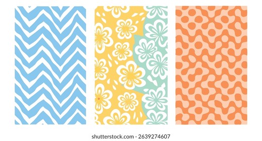 Colorful vector pattern set with chevron floral and abstract designs for backgrounds and decorative purposes