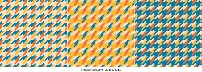 Colorful vector pattern set with houndstooth check plaid in blue, orange, yellow, beige for autumn. Seamless goose foot print for dress, jacket, coat, skirt, blanket, duvet cover, other textile.