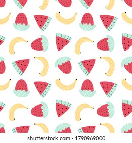 Colorful vector pattern of strawberry, banana and watermelon on white background. Doodle illustration of sweet fruits. For different bright decorative designs.