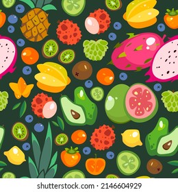 Colorful, vector pattern tropical fruits on a dark background