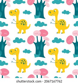 Colorful vector pattern with a yellow dinosaur near trees in Scandinavian style. Unusual children's pattern in cartoon style for printing on fabric, wallpaper, gift paper and packaging.