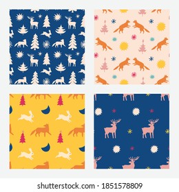 Colorful vector patterns set with winter season elements and animals