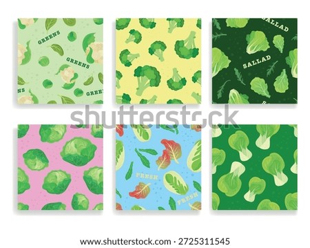 Colorful vector patterns show various greens like lettuce and broccoli arranged in different styles. The designs highlight fresh vegetables and salad elements. Perfect for food-related projects.