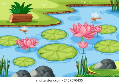 Colorful vector of a peaceful lotus pond scene