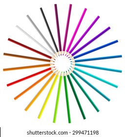 Colorful vector pencils as a rainbow circle on white background