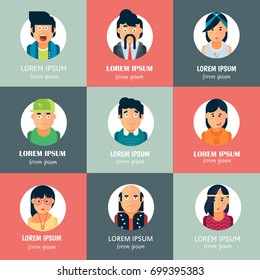 Colorful vector people avatar collection. Vector design of different characters including man and women. Flat character design icon set.