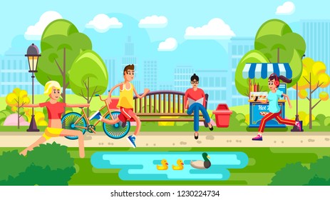 Colorful vector of people in city park with pond doing sports in leisure
