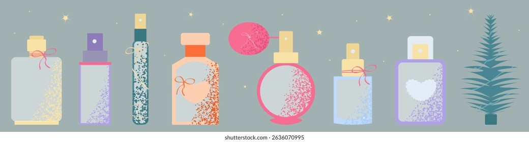 Colorful vector perfume bottles in minimalistic style with textured spray effect, decorative bows. Perfect for packaging, cosmetic branding, cosmetics advertising and holiday promotions.