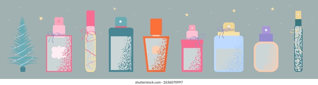 Colorful vector perfume bottles in minimalistic style with textured spray effect, decorative bows. Perfect for packaging, cosmetic branding, cosmetics advertising and holiday promotions.