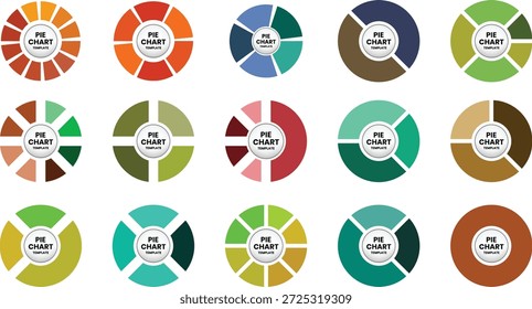 Colorful vector pie charts in various segments, graph template design. Info graphic pie chart elements.