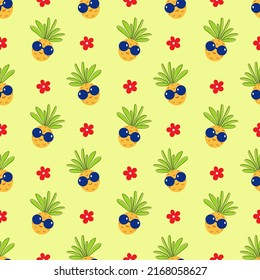 Colorful vector pineapple seamless pattern. Summer background with smiling amusing ananas and flowers.Flat. Design for fabric,cover,wallpaper,wrapping paper.