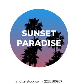 Colorful vector pink blue vintage sunset sticker circle with palm trees in vibrant gradient colors 70s 80s Retro sunset illustration