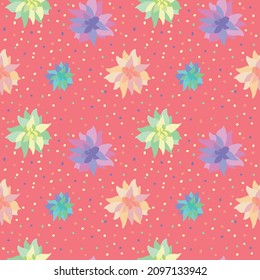 Colorful vector pions with colorful dots on a red background. Seamless vector pattern.