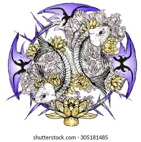 Colorful vector Pisces skeleton in the flowers