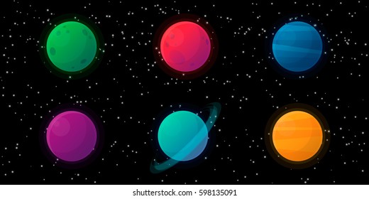 Colorful vector planets set. Space with stars on the background.