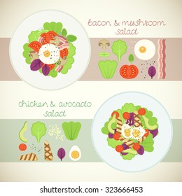 colorful vector plates of salad, ingredient sets
