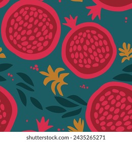 Colorful vector pomegranates seamless background. Vector pomegranates pattern on turquoise background.