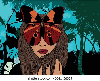 Colorful vector portrait of woman surrounded by natural landscape, with a butterfly covering her eyes.