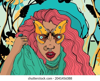 Colorful vector portrait of woman surrounded by natural landscape, with a butterfly covering her eyes.