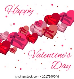 Colorful vector postcard with hearts, gift box, and ribbons with nice Happy Valentine's Day wishes to letter. Will be perfect to use as postcard, banner, we element.