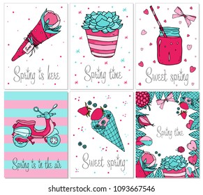 Colorful vector postcards. Cute greeting cards with flowers and sweets. Spring set of images.
