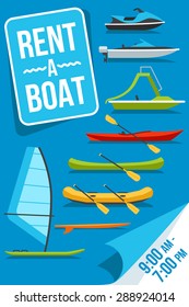 Colorful vector poster for boat rent service with different boats types on it. Flat style.