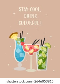 Colorful vector poster with cocktails, tropical fruits, and fun typography. Summer-themed drink illustrations ideal for cards, cafe promotions, and seasonal advertising