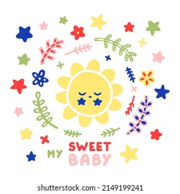 Farbiges Vektorplakat mit traumhafter Sonne im skandinavischen Stil. Helle Kawaii-Doodles, Sterne, Zweige, Blumen und Inschriften für Drucke, Hintergründe, Muster, Textilien, Wrappers, Karten, Dekoration, Inneneinrichtung