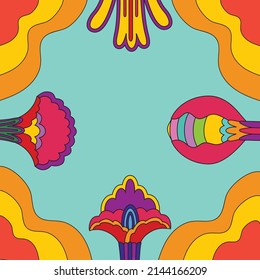 Colorful vector poster with a frame of abstract flowers in the style of 1960s, 1970s. Bright psychedelic background, cover, poster, poster for hippie style trance festivals