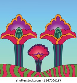 Colorful vector poster with a frame of abstract flowers in the style of 1960s, 1970s. Bright psychedelic background, cover, poster, poster for hippie style trance festival