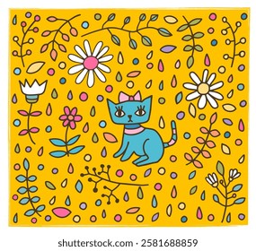 Colorful vector poster, greeting card with cute hand drawn blue cat, flowers and leaves on yellow background for kids graphic design and pet products