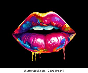 Colorful vector poster with huge lips isolated on black background. 