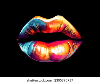 Colorful vector poster with huge lips isolated on black background. 