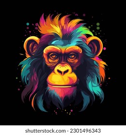 Colorful vector poster with monkey face. Portrait isolated on black background