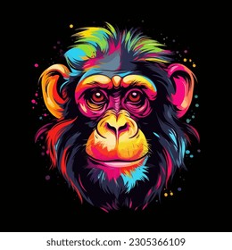 Colorful vector poster with monkey face. Portrait isolated on black background