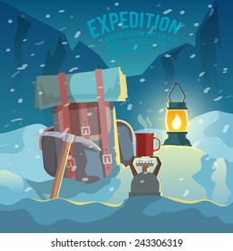 Colorful vector poster. Quality design illustrations, elements and concept. Conquering the summit. Expedition.