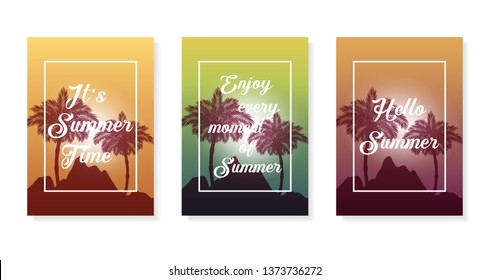 Colorful vector poster set. Illustration of palm, summer background. Eps10
