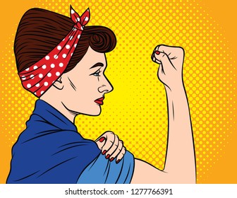 Colorful vector poster in the style of pop art about women's rights. Female feminism, female power. A girl with a bandage on her head keeps showing fist. Young woman shows protest