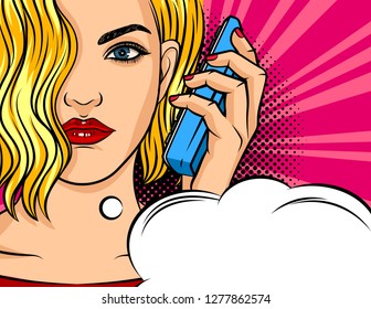 Colorful vector poster in the style of pop art. The girl speaks by phone. Beautiful young woman holding a telephone receiver near the ear. Girl with red lips and blond hair answers the call
