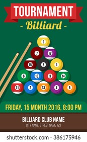 Colorful vector poster template for billiard tournament. Flat style.