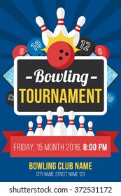 Colorful vector poster template for bowling tournament. Flat style.