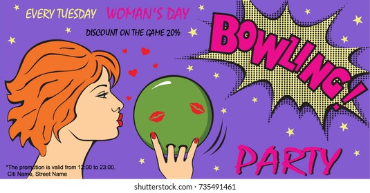 Colorful vector poster template for bowling  party .Girl holding a ball bowling in her hand.Flat style.