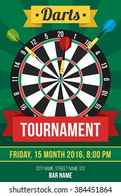 Colorful vector poster template for darts tournament. Flat style.