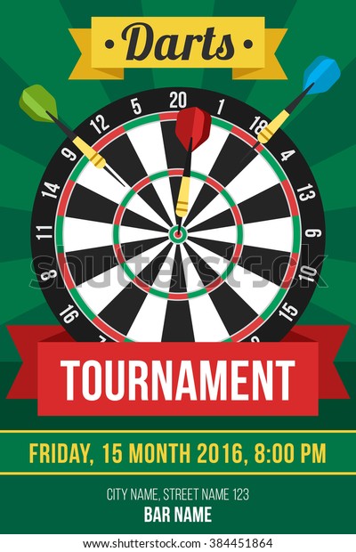 Colorful vector poster template for darts\
tournament. Flat\
style.