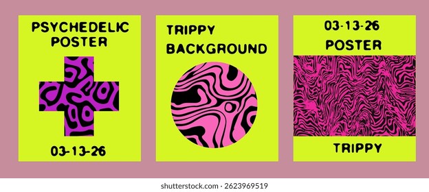 Colorful vector posters with psychedelic, wavy patterns and bold text. Neon green, pink, yellow, and black colors create a trippy, retro music event visual style with striking optical effects.