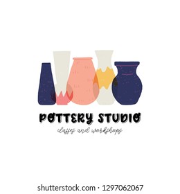 Colorful vector pottery studio design. Perfect emblem for ceramic studio. Stoneware vases and jugs flat style hand drawn illustration. Handcrafted pottery vessels for business card and merchandise.