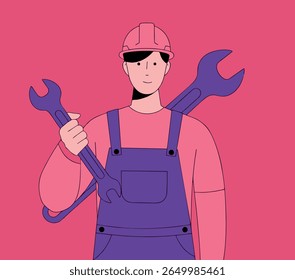 Vetor colorido de mecânico profissional pronto para o trabalho.