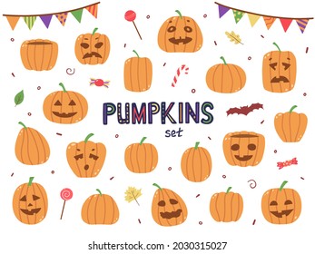Colorful vector pumpkins set. Hand drawn cute halloween illustrations isolated on white.