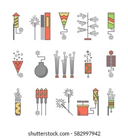 Colorful vector pyrotechnic icons. Firework explosion elements. Line petard salute illustration. Firecracker set. Entertainment decorating. Cartoon surprise flat pictogram. Show spark symbols.